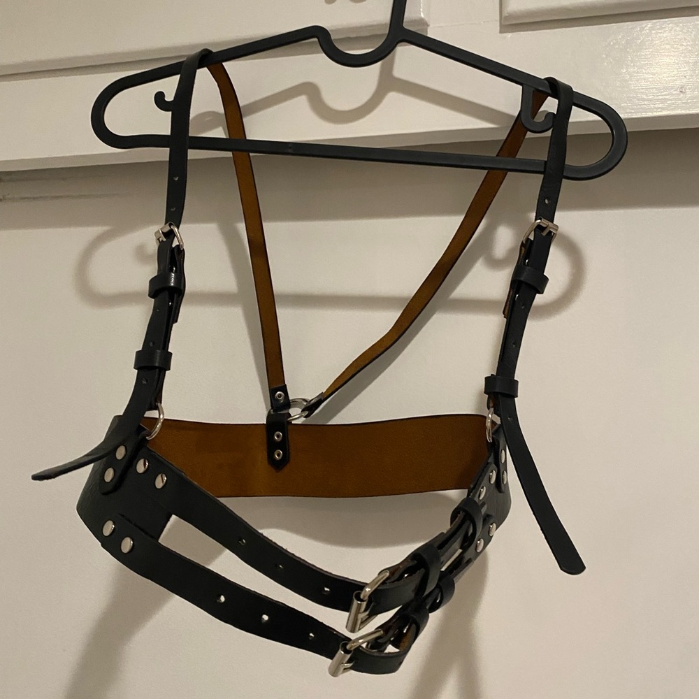 Leather Double Belt Adjustable Strap Buckle Harness Corset Black Brown Tan